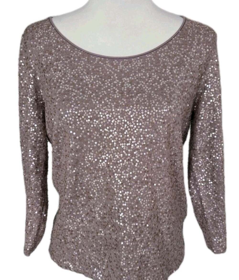 Sequin Silk Cotton Eileen Fisher Mauve Scoop Neck Knit Sweater Blouse Sz PM
